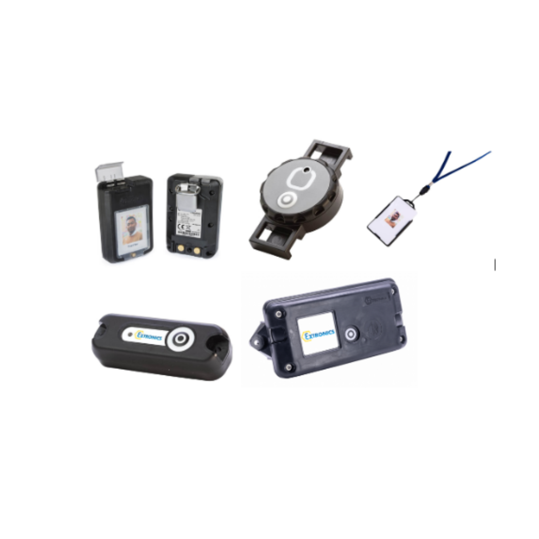 A collection of electronic devices, including a cell phone, remote control, key fob, and asset tracking tags.