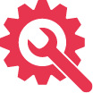 A red gearwheel with a wrench in the center, part of fire safety equipment.