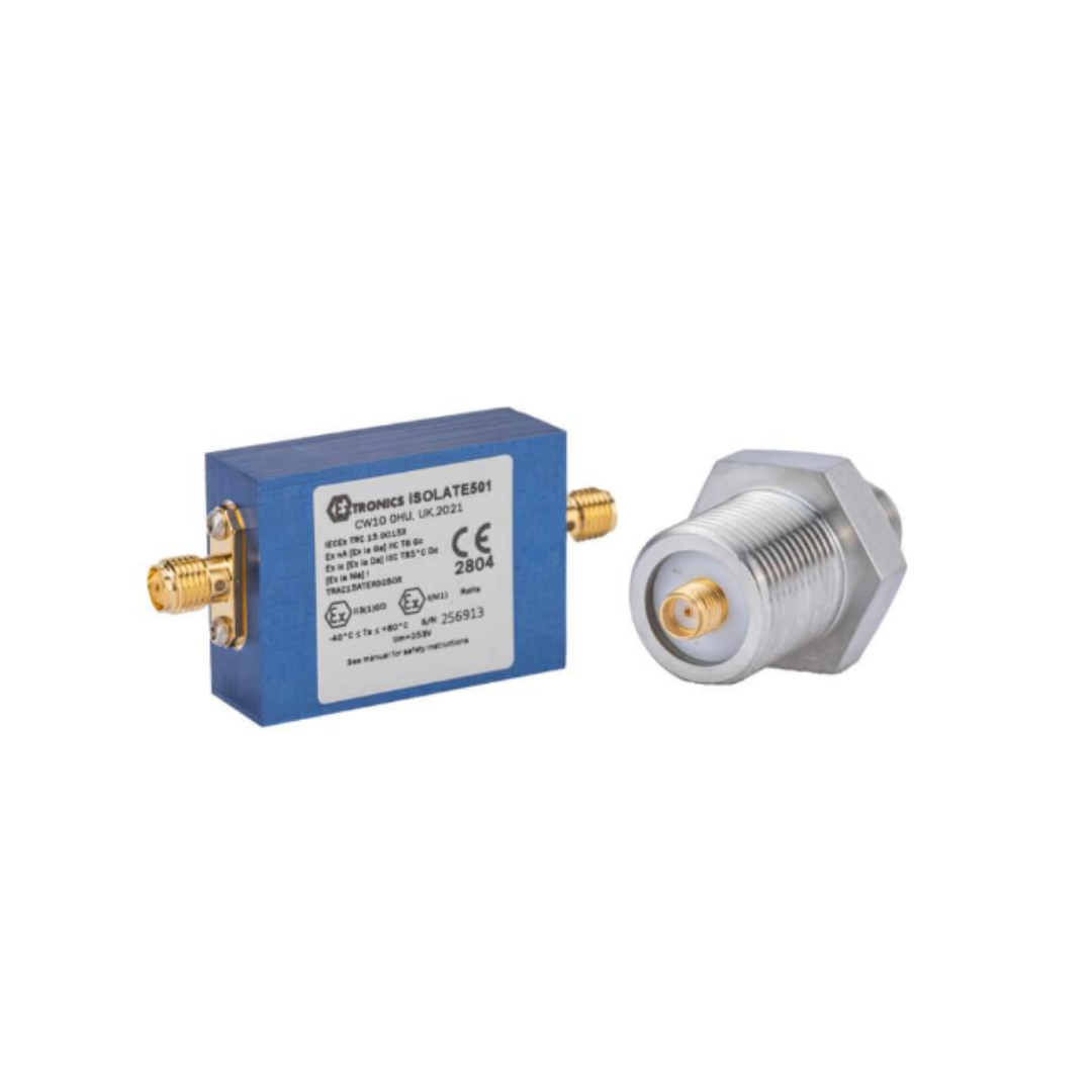 A galvanic isolator: a blue and white electronic device with a gold plated connector.