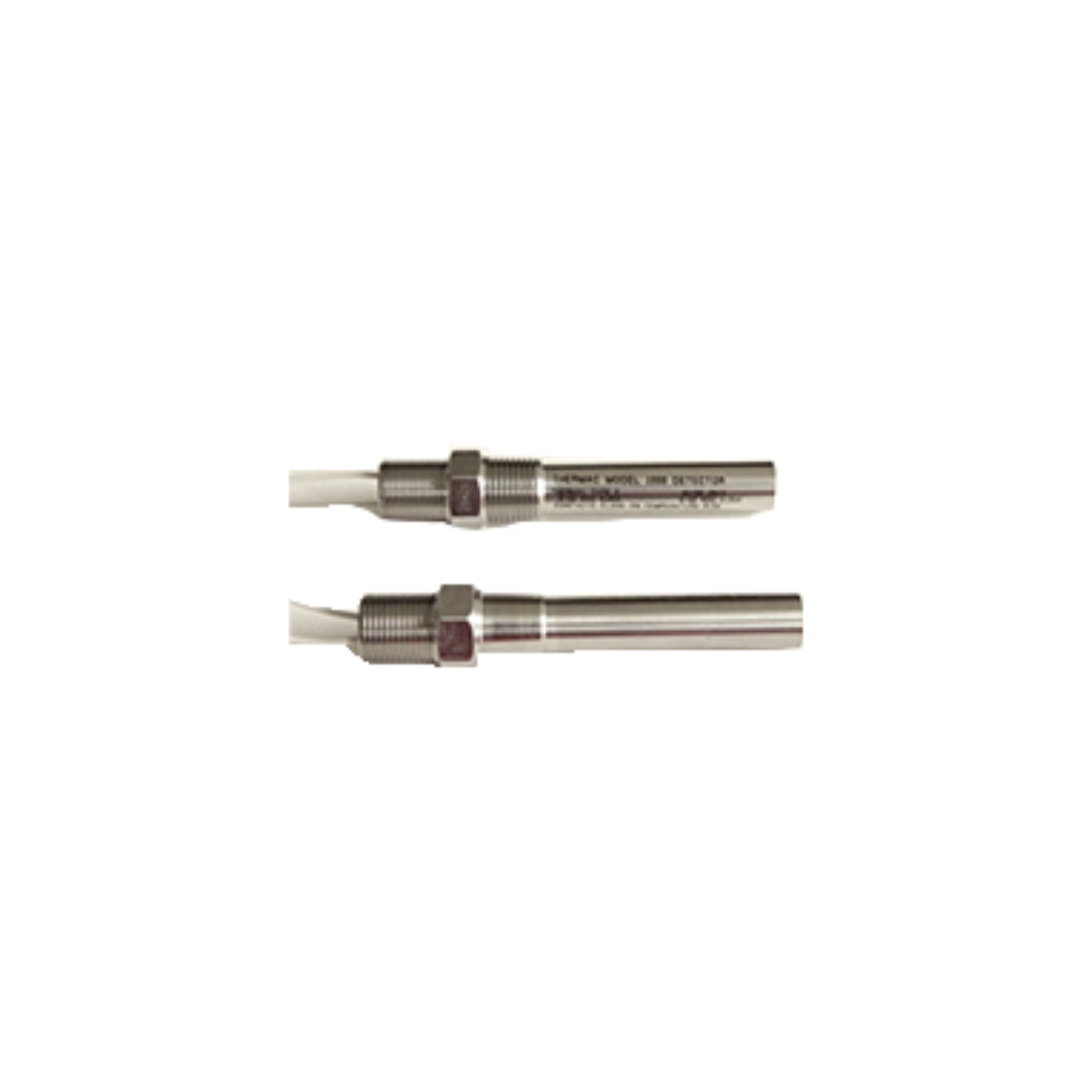 Two metal pipes positioned against a white background, featuring a thermal probe detector for temperature measurement.