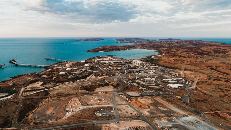 The image shows the port of Karratha, the world's largest port. It features fire safety equipment.