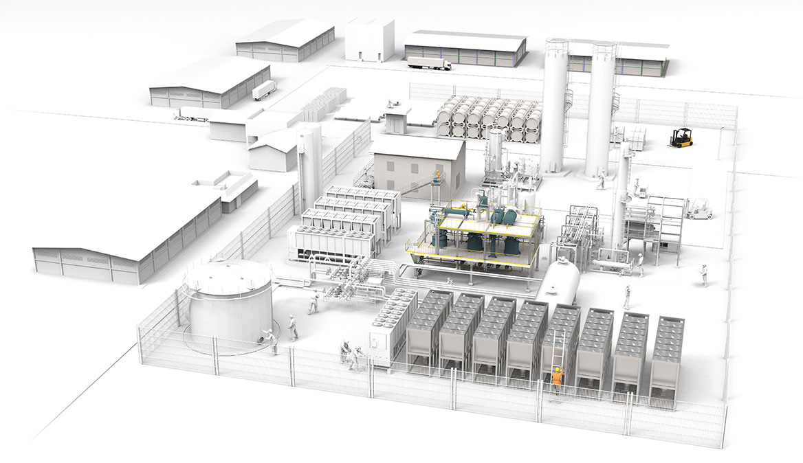 A 3D rendering of a factory with a large building, equipped with fire safety equipment.