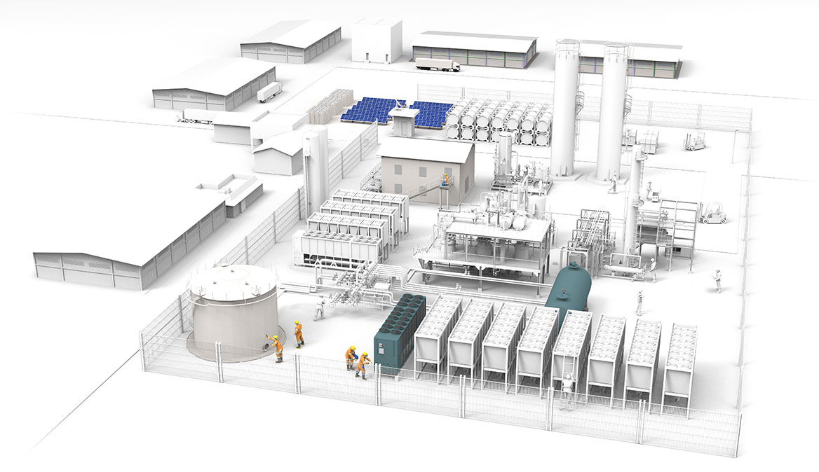 A 3D rendering of a factory complex with multiple buildings, showcasing fire safety equipment.