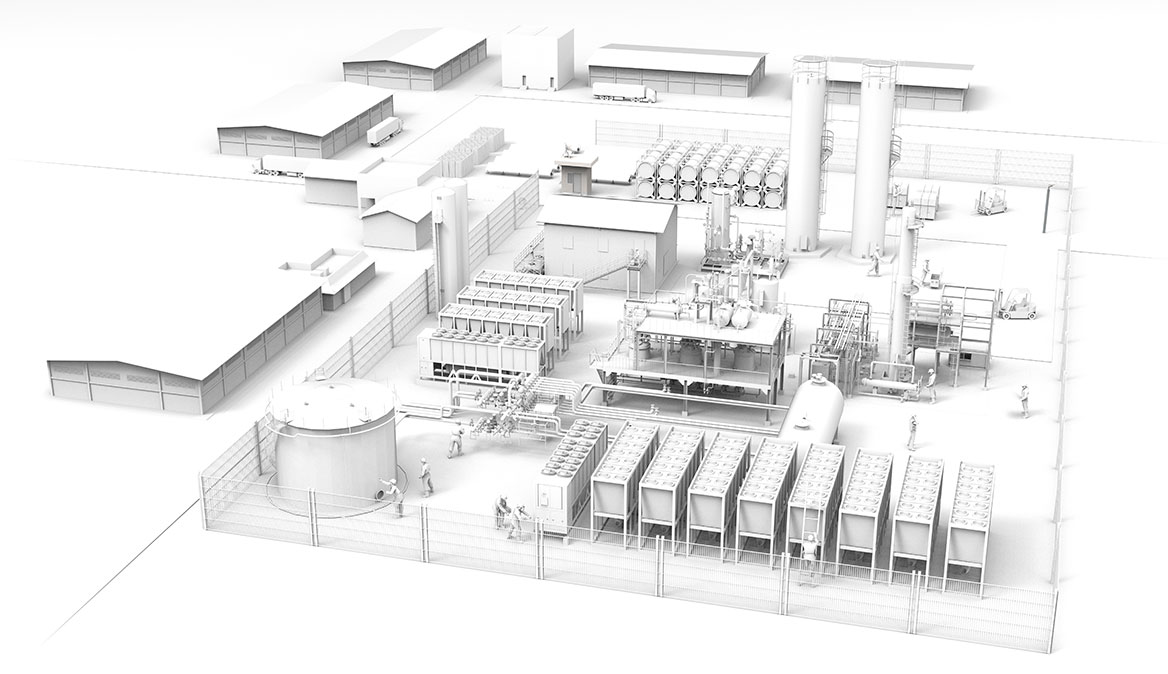A 3D rendering of a factory with various equipment, including fire safety equipment.