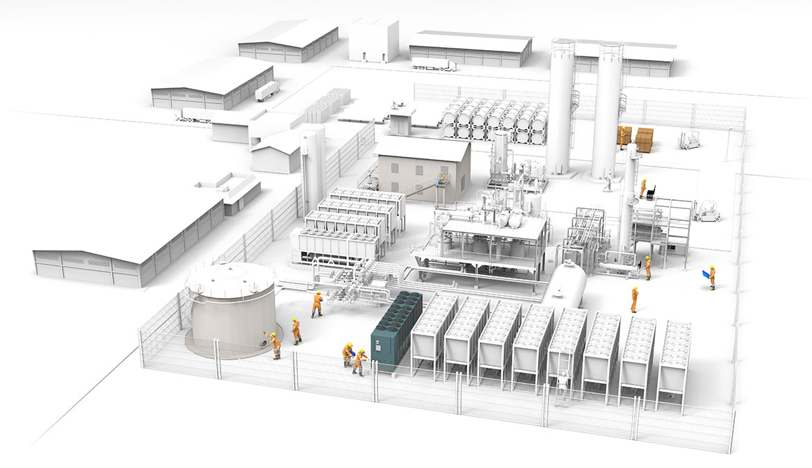 A 3D rendering of a factory bustling with people and machinery, equipped with fire safety equipment.