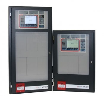 Two electronic control panels showcasing distinct functions, including the discontinued AFP-2800 model.