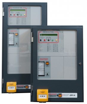 Two electronic fire alarm panels featuring a yellow handle, labeled 'CFP-16 Agent Release', positioned side by side.
