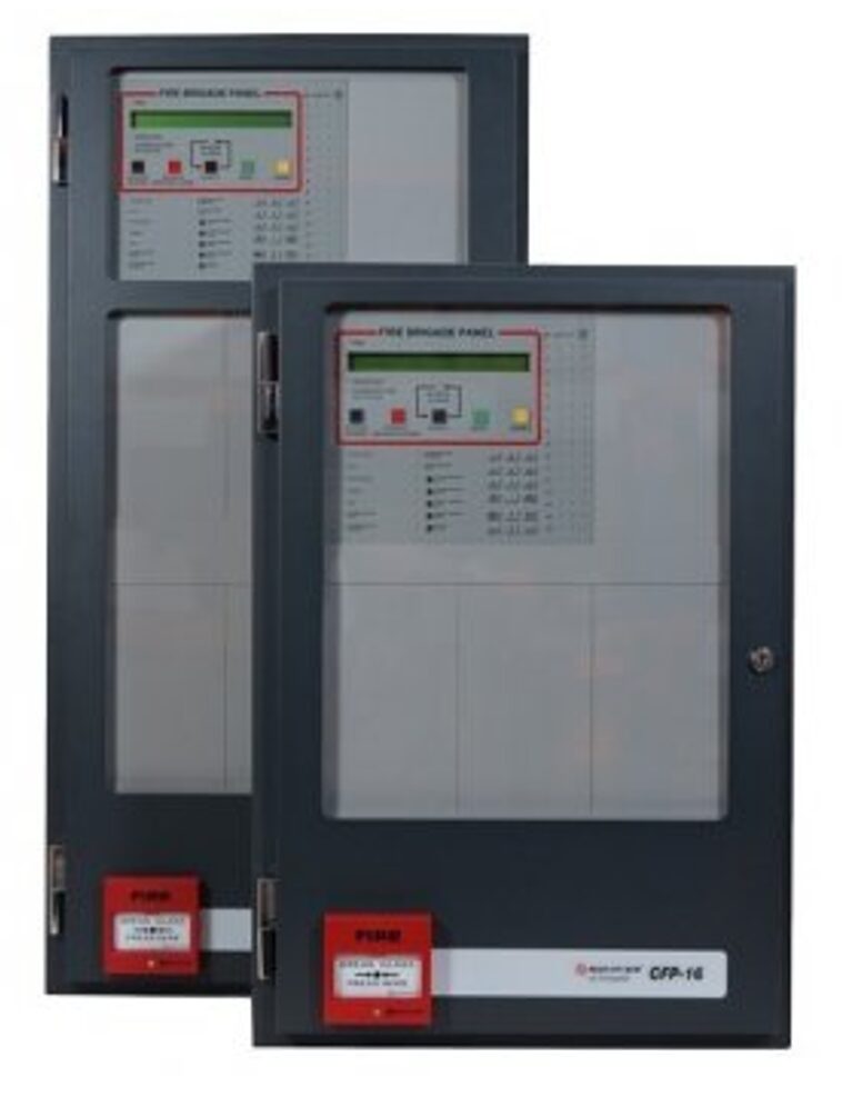 Two electronic fire alarm panels labeled CFP-16, featuring red and black buttons for emergency alerts and controls.