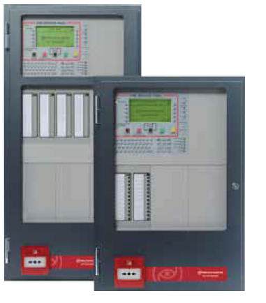 Two fire alarm panels featuring distinct control types, including a Fire-Lite Addressable Fire Panel for enhanced safety.