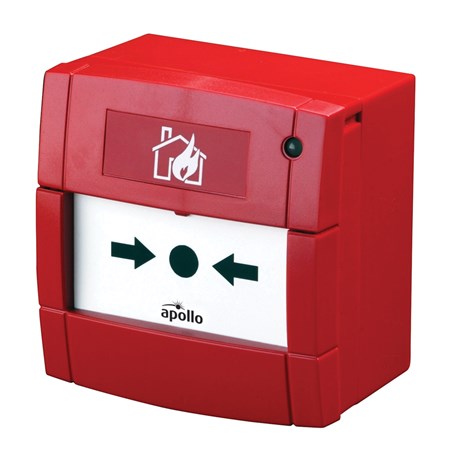 A red fire alarm labeled 